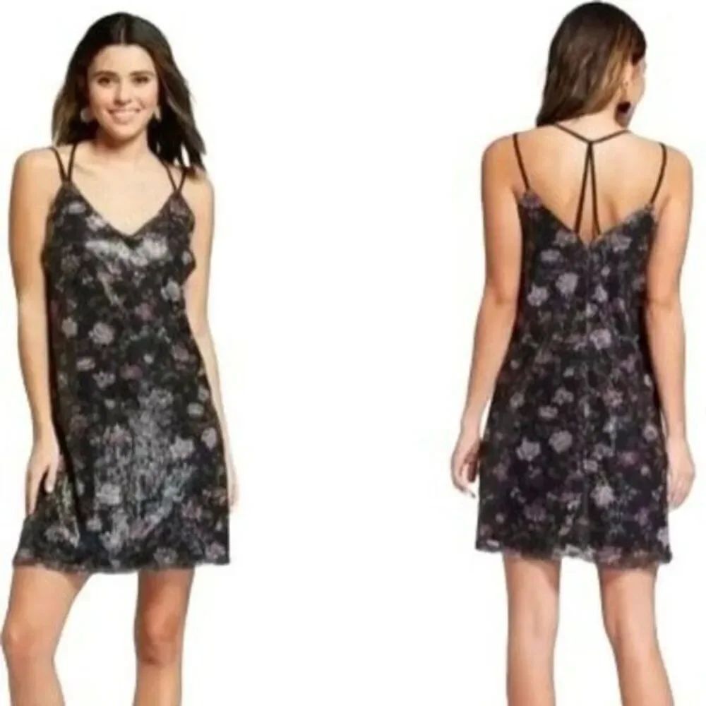 Xhilaration Sequin Floral Rose Sleeveless Y Back Swing Mini Dress NWT